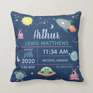 Almofada Baby Boy Cute Space Alienígena Birth Stats Nome