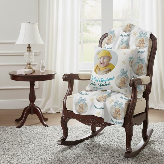 Almofada Baby  boy First Christmas Gingerbread Photo & Name (Criador carregado)