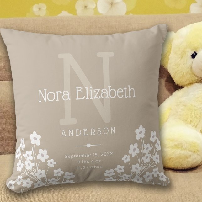 Almofada Baby Girl Birth Stats Flores Monograma Nursery Tho (Criador carregado)