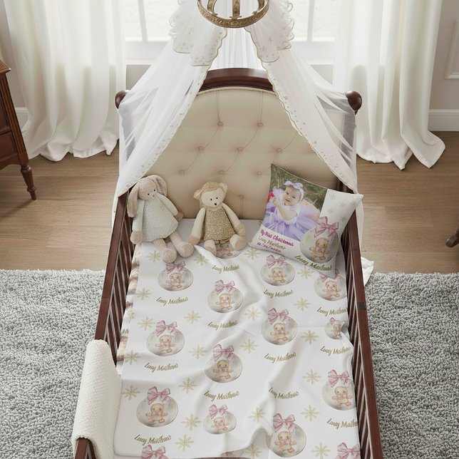 Almofada Baby Girl First Christmas Gingerbread Photo & Name (Criador carregado)