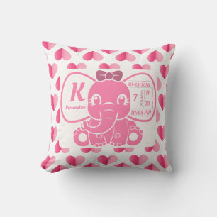 Almofada Baby Girl Pink Elephant Birth Stats Hearts