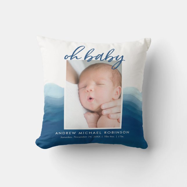 Almofada Baby Photo Stats Blue Ombre Watercolor (Frente)