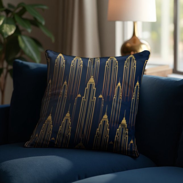 Almofada Baixo de Metrópolis Rosa - Geometria Deco de Luxe (Jazz Age opulence. Rose brass Art Deco skyscrapers for luxurious interiors.)