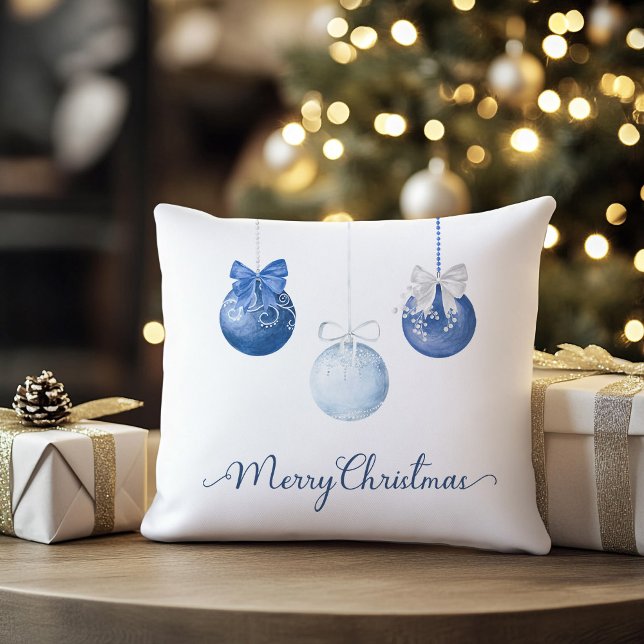 Almofada Balas de Natal Azul Festivas (blue christmas baubles holiday throw pillow
)