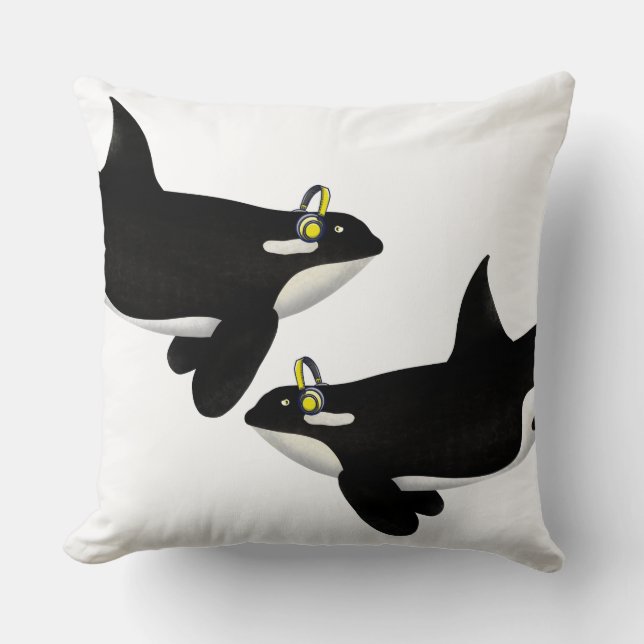 Almofada Baleia Assassina Ouvindo Fones de ouvido Amarelos (Frente)