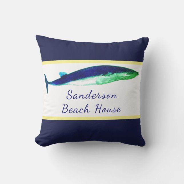 Almofada Baleia Náutica Marinho de Aquarela Azul Amarelo (Frente)