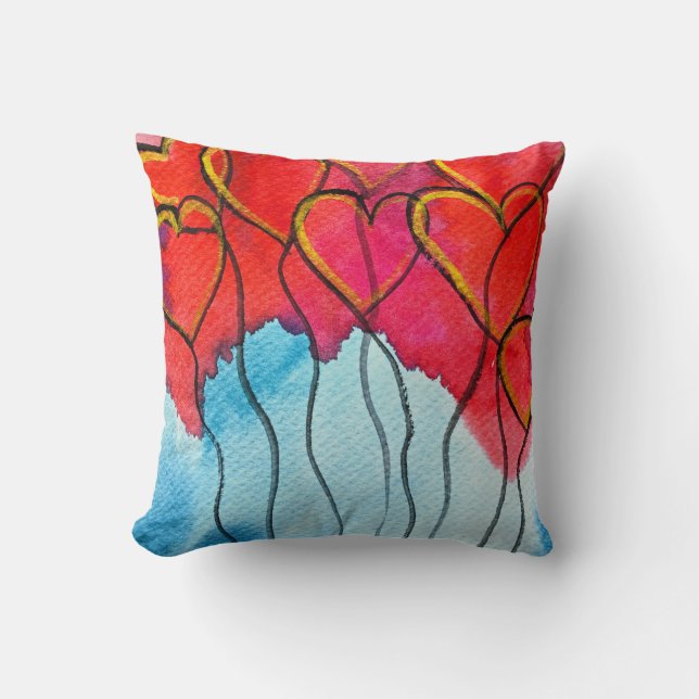 Almofada Balões de coração vermelho Namorados aquarela (Frente)