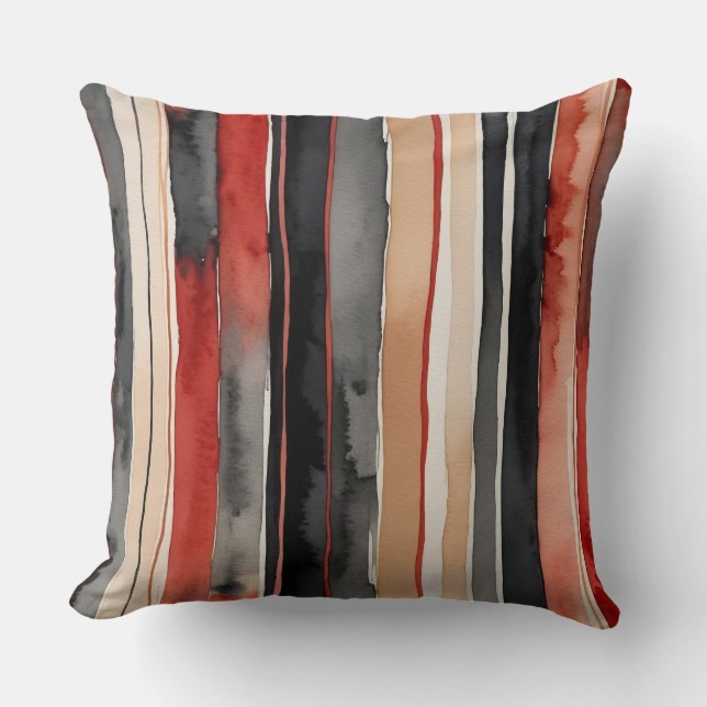 Almofada Bandas de abstrato preto, vermelhas e brancas (Frente)