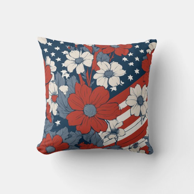 Almofada Bandeira Americana e Flores em Pastel Suave (Frente)