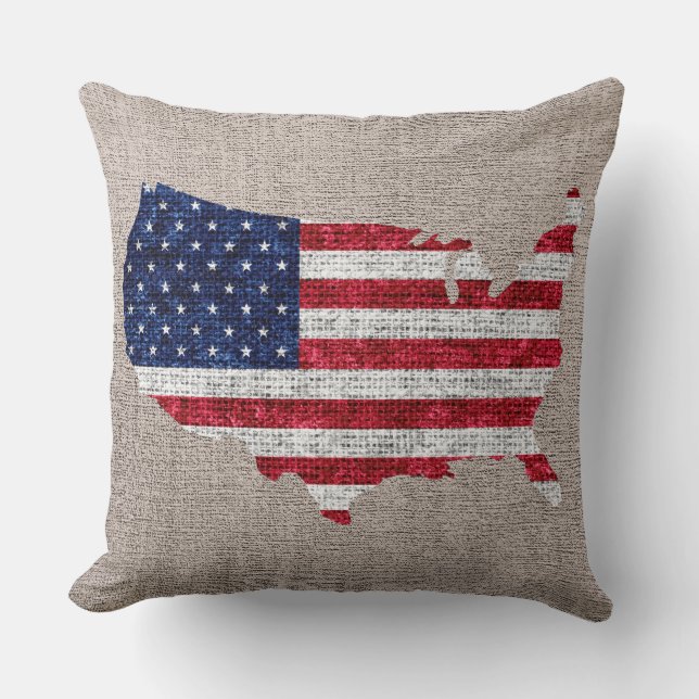 Almofada Bandeira Americana e Mapa Burlap Linen Rustic Jute (Frente)