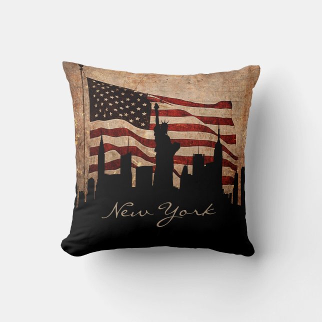 Almofada Bandeira Americana Rústica Skyline de Nova York |  (Frente)
