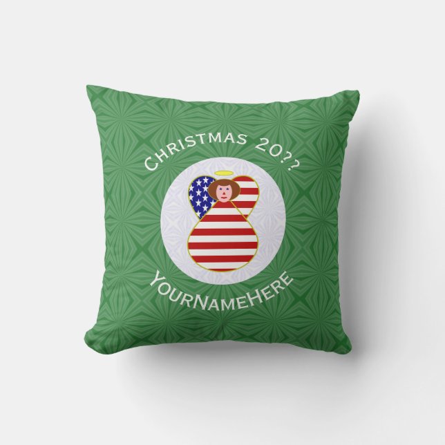 Almofada Bandeira de Natal Anjo EUA Texto Personalizado (Frente)