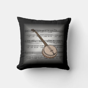 Almofada Banjo ~ 3 D Sheet Music ~ Travesseiro Cinza/Preto