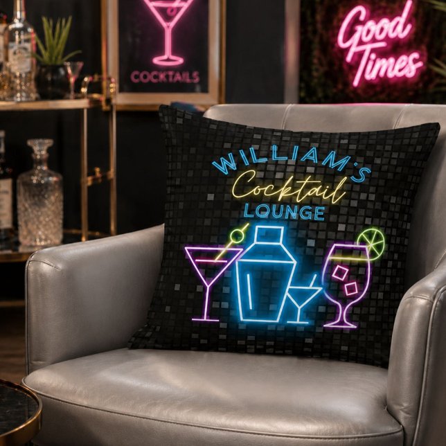 Almofada Bar de Cocktail Lounge Retro com Visual Neon (Neon Look Retro Cocktail Lounge Bar Throw Pillow)