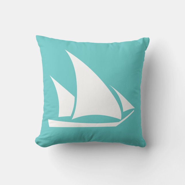 Almofada barco à vela branco em travesseiro azul turquesa (Frente)