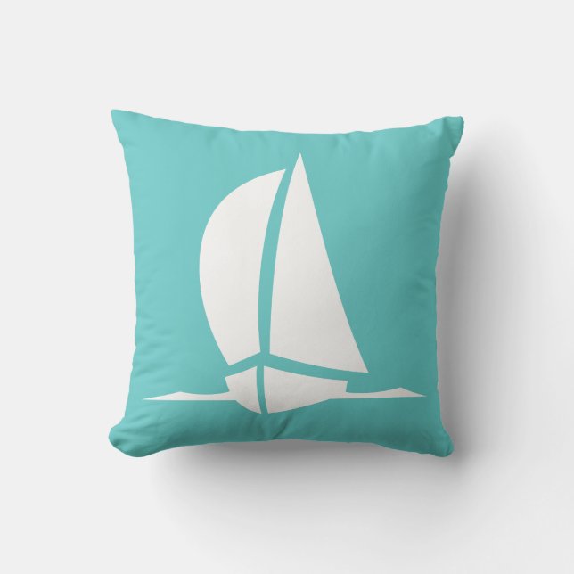 Almofada barco à vela branco em travesseiro azul turquesa (Frente)