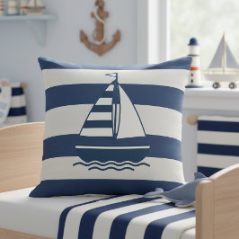 Almofada Barco à Vela Náutico & Listras Azul Marinho Branco