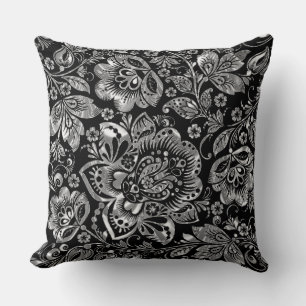 Almofada Barroco Floral Elegante Preto E Prateado