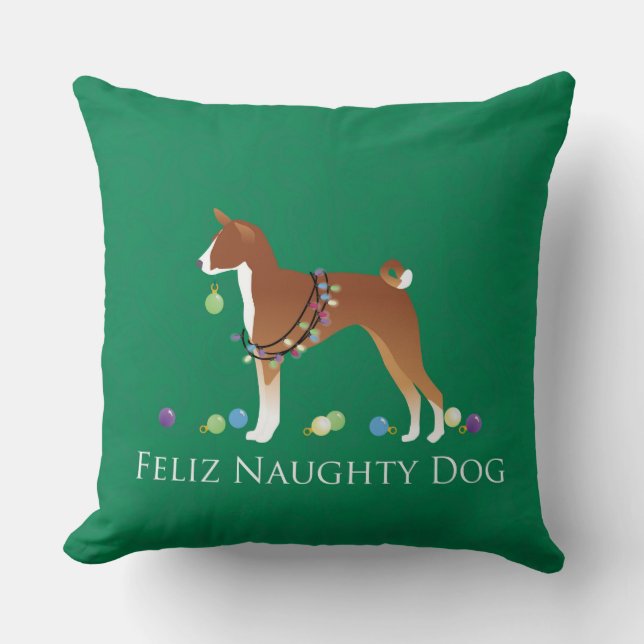 Almofada Basenji Feliz Naughn no Natal (Frente)