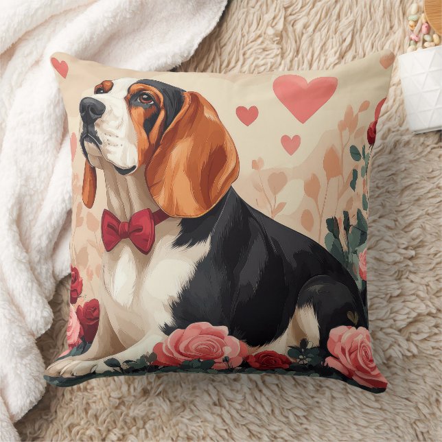 Almofada Basset Hound com Rosas - Dia dos Namorados  (Cobertor)