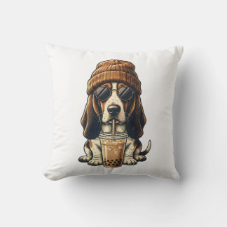 Almofada Basset Hound Hipster Cão Bebendo Café Gelado