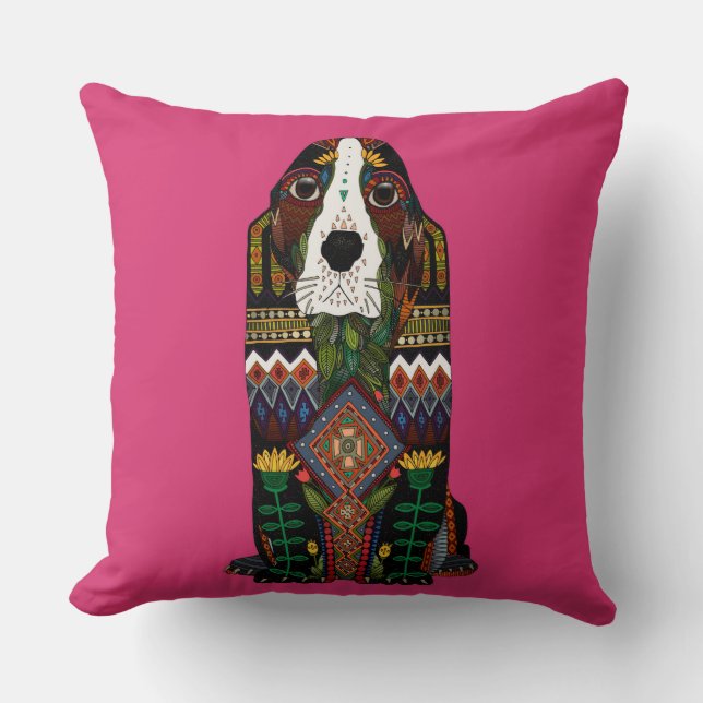 Almofada Basset Hound love fuchsia rosa (Frente)