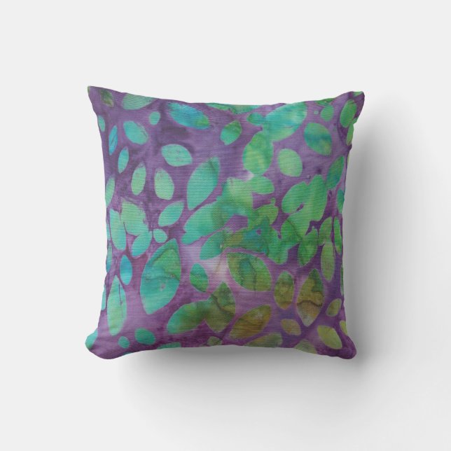 Almofada Batik Boho Verde Roxo Formas de Folhas Abstratas (Frente)