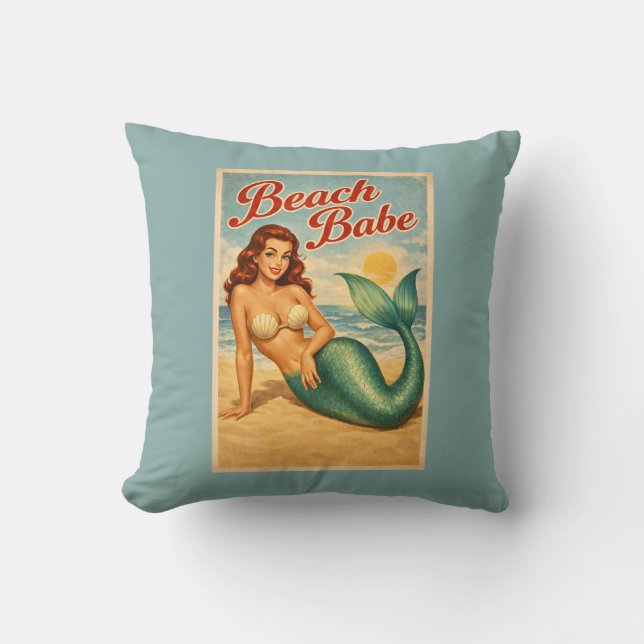 Almofada Beach Babe Pin-Up Mermaid -Retro Coastal Life Teal (Frente)