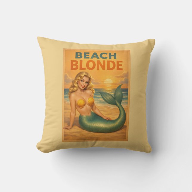 Almofada Beach Blonde Pin-Up Mermaid - Yellow Retro Coastal (Frente)