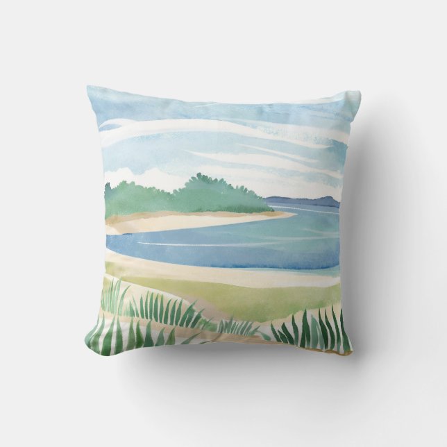 Almofada Beach Grass Bay | Watercolor Ocean Coastal Sea (Frente)