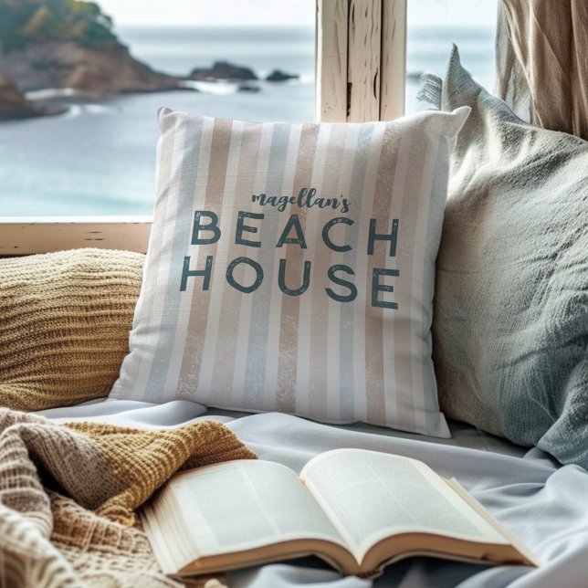 Almofada Beach House Beige & Blue Stripe Coastal (Criador carregado)