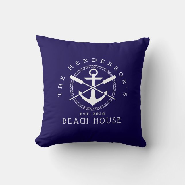 Almofada Beach House  Nautical Anchor Blue décor Vacation (Frente)