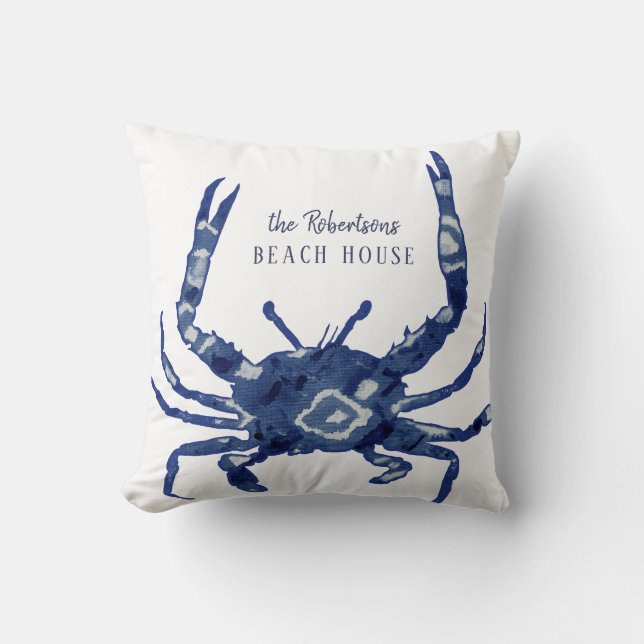 Almofada Beach House Nome de boas-vindas Shibori Blue Crab  (Frente)