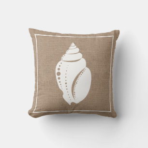 Almofada Beach Rustic White Seashell & Faux Burlap