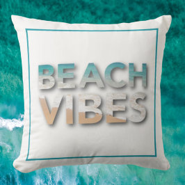 Almofada Beach Vibes Blue Waves Typography Throw Pillow