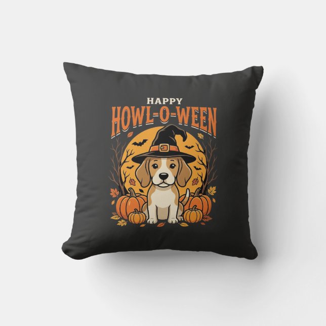 Almofada Beagle Halloween Howl-O-Ween Cão Desenho de Abóbor (Frente)