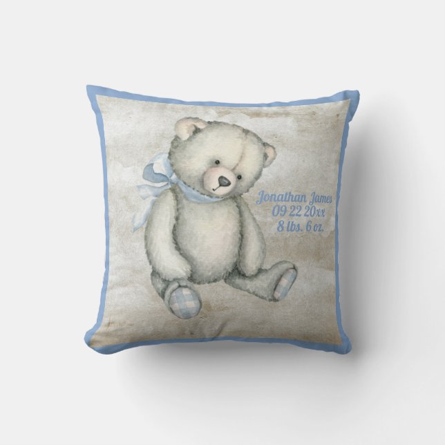 Almofada Bear Bear Azul Fita Aquarela Bebê Vintagem (Frente)