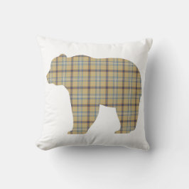 Almofada Bear Shape Plaid Tan Blue Cabin Core