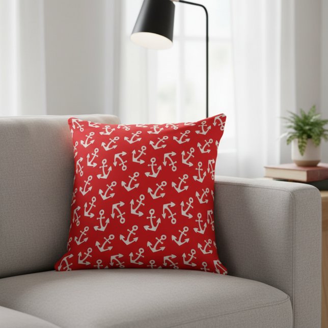 Almofada Beautiful Red And White Anchors Nautical Large (Red and white anchors large cotton pillow.)