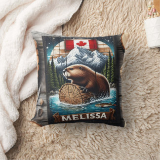 Almofada Beaver canadense no log com fundo de montanha