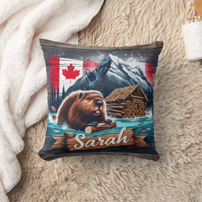 Almofada Beaver Canadiano na Água com Toros Perto de Montan (Cobertor)