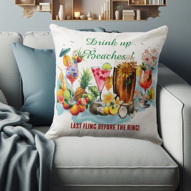 Almofada Beba Festa de Solteira Coquetel Frutas Praia (Drink Up Beaches Cocktail Fruit Bachelorette Party Throw Pillow)