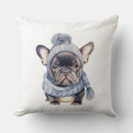 Almofada Bebê Bulldog de Inverno de Gorro e Cachecol Azul