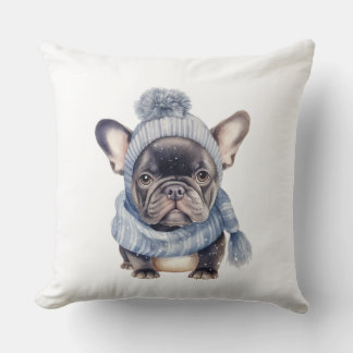 Almofada Bebê Bulldog de Inverno de Gorro e Cachecol Azul