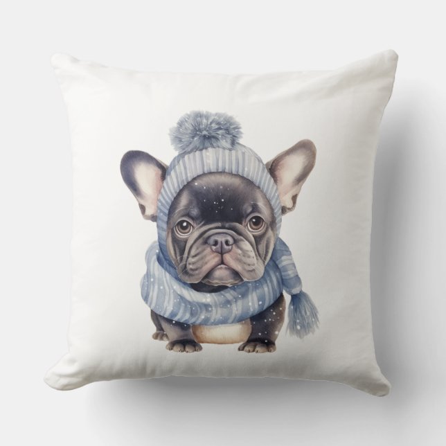 Almofada Bebê Bulldog de Inverno de Gorro e Cachecol Azul (Frente)