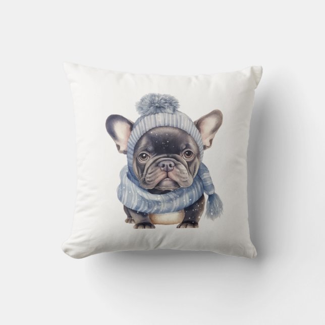 Almofada Bebê Bulldog de Inverno em Gorro e Cachecol Azul (Frente)