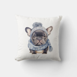 Almofada Bebê Bulldog de Inverno em Gorro e Cachecol Azul