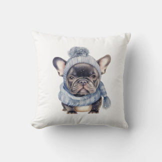 Almofada Bebê Bulldog de Inverno em Gorro e Cachecol Azul