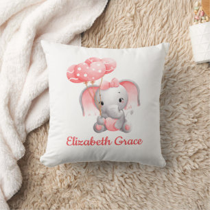 Almofada Bebê Garota Rosa Elefante Balão Monograma Nursery