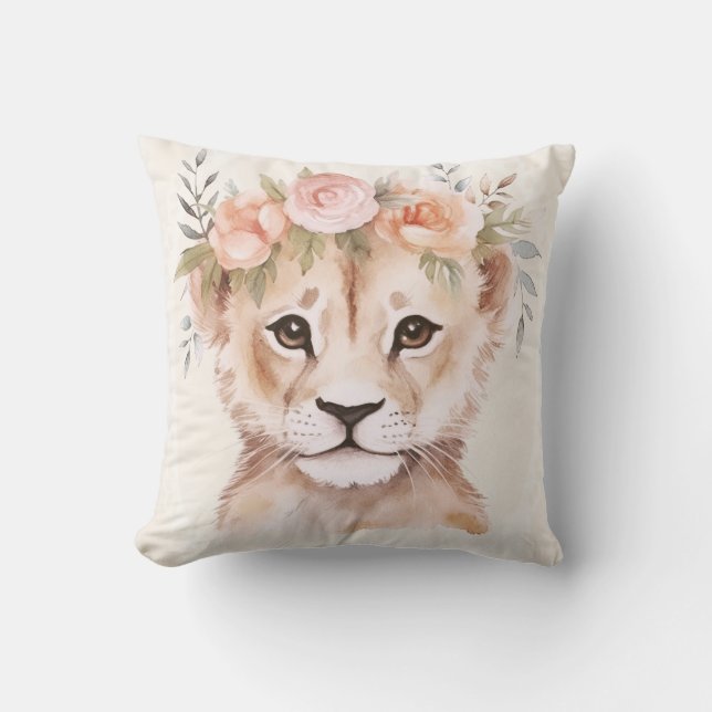 Almofada Bebê Lion Cub com Flor Coroa | Design de Nursery (Frente)